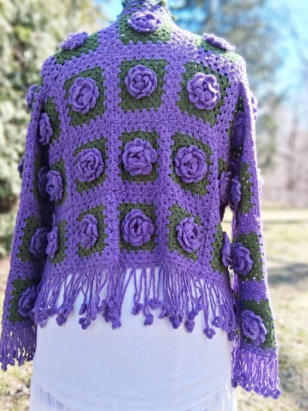 Purple 3D Floral Fringe Granny Square Sweater and Rose Wrap Choker M/L - Picture 11 of 12